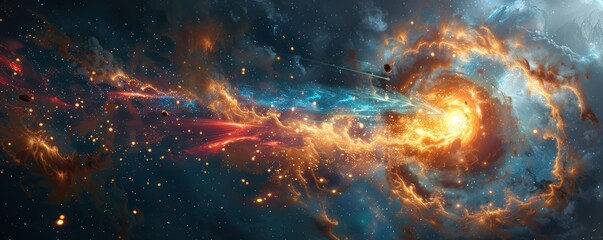 Fototapeta premium Advanced alien artifact descending towards Earth, glowing with neon energy and surrounded by atmospheric disturbances and space debris