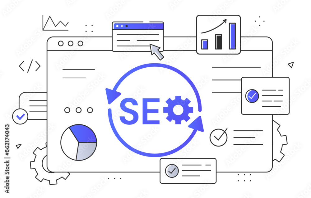 Poster seo web concept. search engine optimization. website with graphs and infographs. analysis of user be