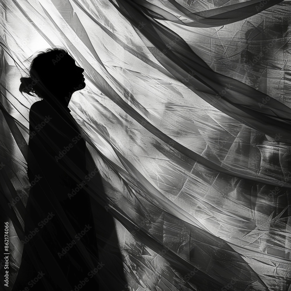 Poster the shadow of a person is cast against a backdrop of windblown fabric creating a captivating silhoue