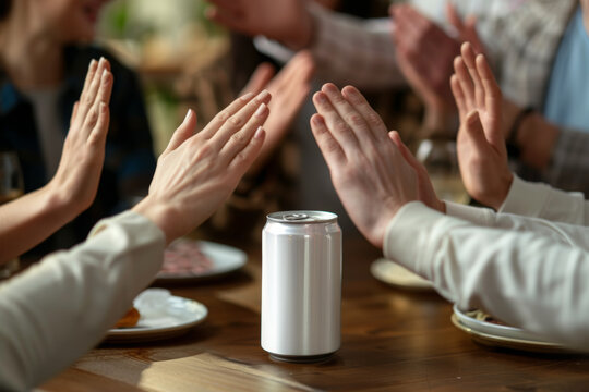 A close-up shot of several hands clapping around a white blank can, front view. The composition should convey a sense of celebration or appreciation, with the focus on the hands and the can.