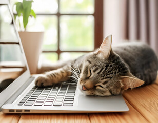 Tabby cat laying across laptop keyboard taking a nap, copy space
