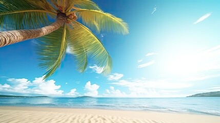 Naklejka premium Tropical summer sand beach and palm on sea sky background, copy space