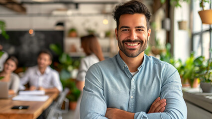 Fototapeta premium Smiling man in casual office setting, team working in background, concept of teamwork and productivity 