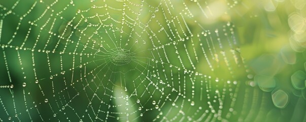 Fototapeta premium Spider web covered in morning dew drops with green blurred background, close-up. Nature and beauty concept