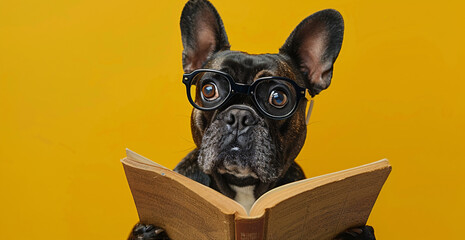 A surprised dog wearing glasses holds an open book against a yellow background. It is a funny and cute studio portrait suitable for education or humor-related content.