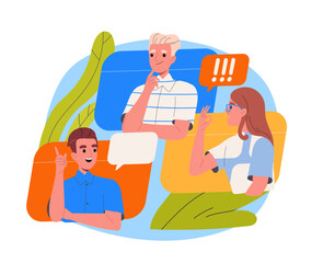 Soft skills concept. Communication with colleagues and partners. People with video conference. Social media interaction. Cartoon flat vector illustration isolated on white background