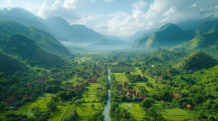 Fototapeta premium Aerial perspective of the lush green valleys and hills in Mai Chau