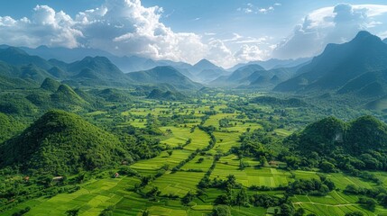 Naklejka premium Aerial perspective of the lush green valleys and hills in Mai Chau