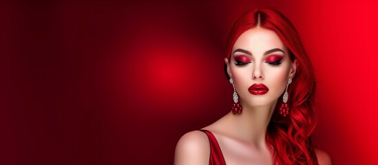 Beautiful woman in red dress with flowing fabric, fashion concept,red color background.