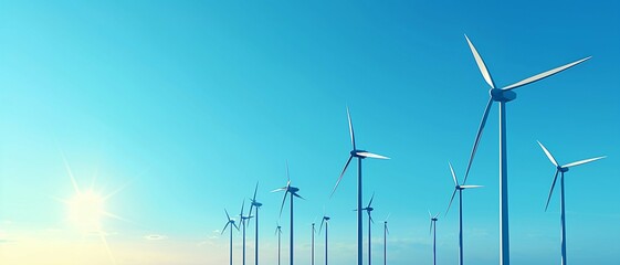 Digital landscape of wind turbines under blue sky,renewable energy with modern technology.