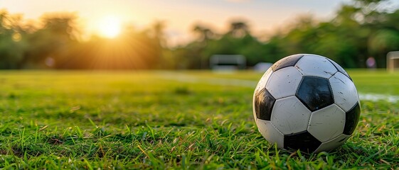 Fototapeta premium Close up of soccer ball sits on grass in park with sunset background,soccer sport concept scene.
