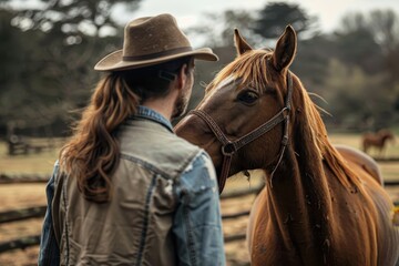 Obraz premium A cowboy in a traditional hat shares a moment with his horse in a beautiful ranch setting, focusing on the bond between the cowboy and his faithful companion.