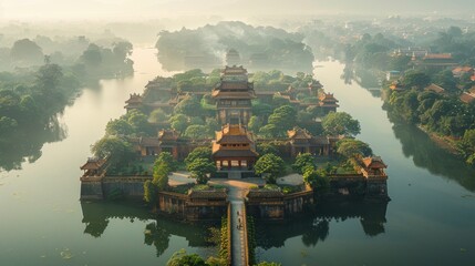 Aerial view of the ancient Imperial City of Hue with its moats and walls