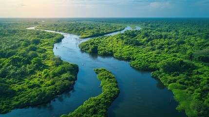 Aerial view of the Mekong Delta's intricate network of waterways and lush vegetation