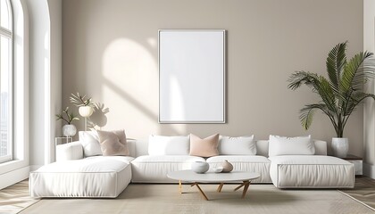 Modern Living Room Interior with White Sectional Sofa and Wooden Coffee Table