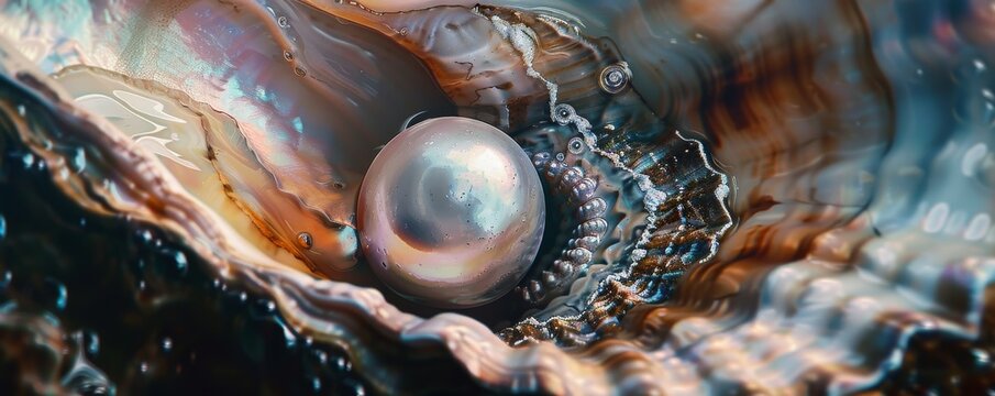 Close-up of a pearl inside an oyster, detailed view