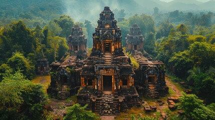Drone shot of the ancient ruins of My Son sanctuary surrounded by jungle