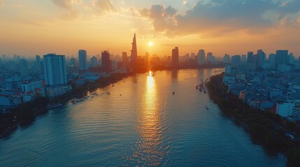 Drone shot of the modern skyline and landmarks of Ho Chi Minh City