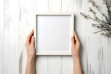 Hands Holding a Blank Picture Frame with Green Leaves on White Wooden Background