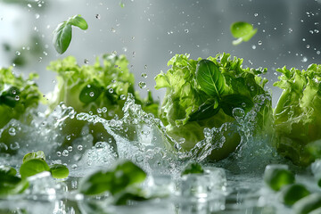 Fresh Lettuce and Vegetables Splashed with Water on a Surface