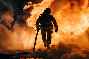 Fototapeta premium Brave Firefighter Tackling Intense Blaze During a Dangerous Fire Operation