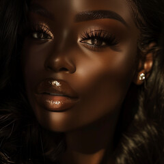 closeup portrait of a gorgeous dark skin black woman model with glowing makeup lipgloss eyelashes gold eyeshadow thick brows