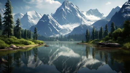Fototapeta premium Tranquil lake reflecting towering mountains