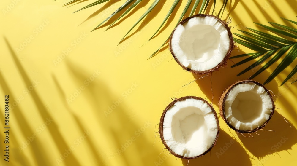 Poster three coconuts are on a yellow background. generate ai image