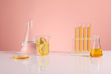 Designing template for peach extract product of cosmetic or beauty supplements. White table of...