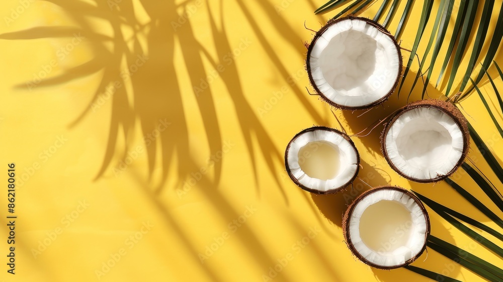 Poster three coconuts are on a yellow background. generate ai image