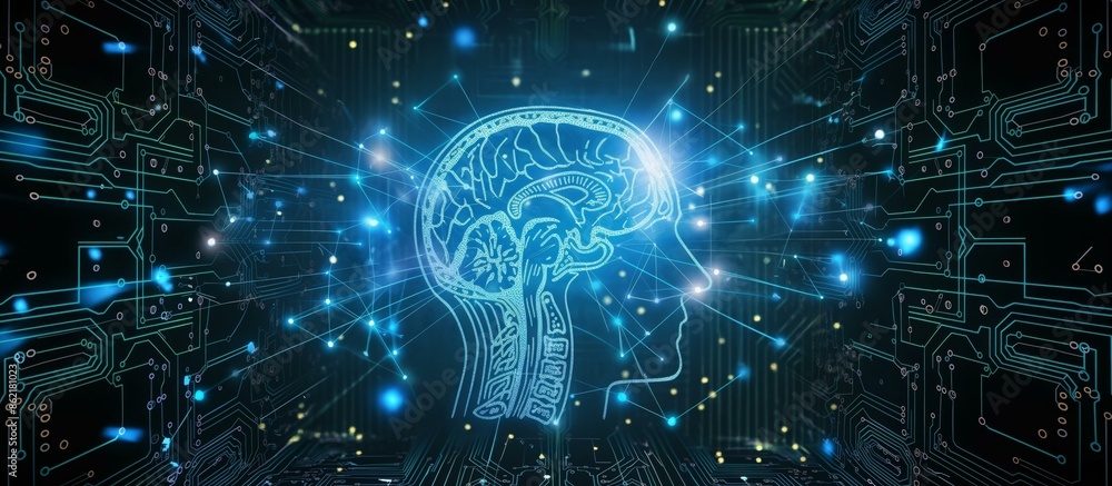 Aufkleber a glowing digital brain integrated with interconnected network circuits, symbolizing the fusion of h