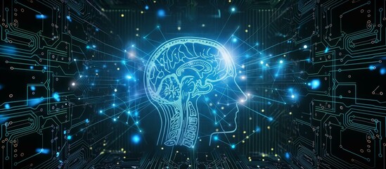 A glowing digital brain integrated with interconnected network circuits, symbolizing the fusion of human intelligence and technological advancement.