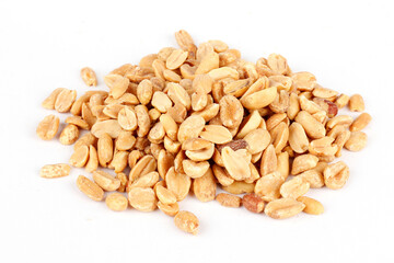 Pile of peeled roasted peanuts isolated on white background