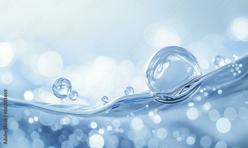 Poster a serene scene with clear water droplets and bubbles, creating a tranquil and calming atmosphere wit