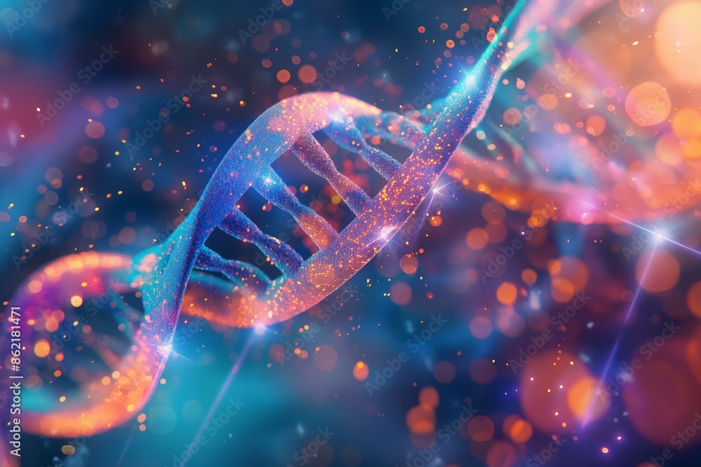 Poster an abstract digital artwork illustrating a dna double helix structure with vibrant colors and partic