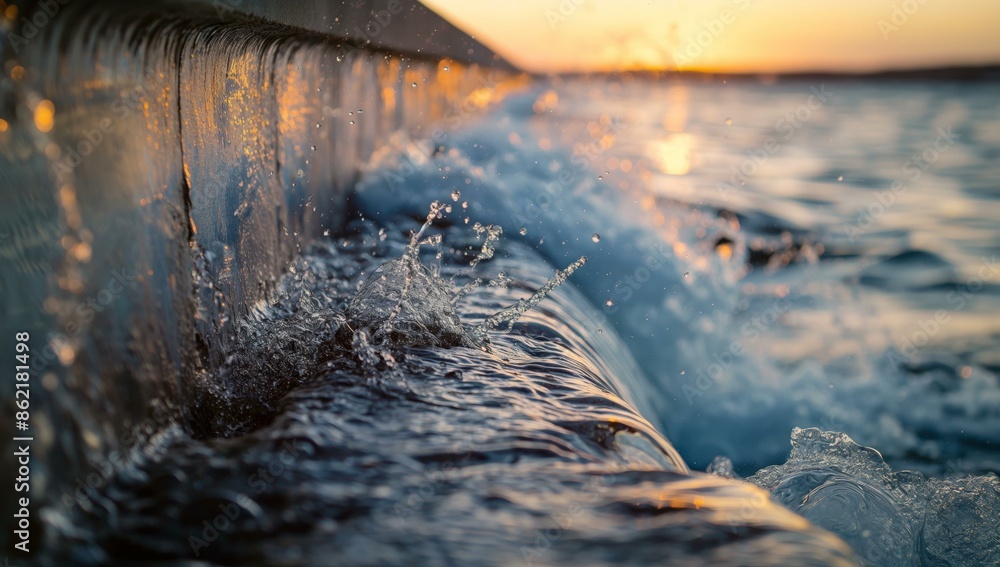 Poster close-up of water cascading over the edge of an artificial structure, with splashes illuminated by a