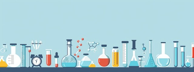 Naklejka premium Flat vector illustration depicting various scientific equipment such as beakers, flasks, test tubes, and molecular structures, arranged on a lab bench with a light blue background.