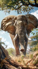 Fototapeta premium African elephant walking in savannah, close-up view. Wildlife and nature photography concept