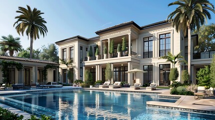 Fototapeta premium Swimming pool nestled in the backyard of an extraordinary luxury residence, blending elegance with serene outdoor living