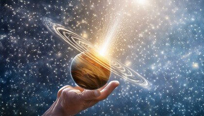 A Hand Holding a Planet with A Ring Around It.