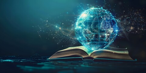 ธhe world of knowledge. The digital world floats from the book. Glowing mist