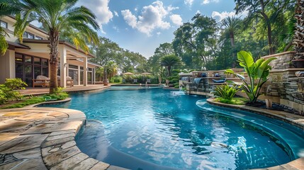 Obraz premium Backyard paradise of a luxury home with a stunning swimming pool, perfect for enjoying leisure and relaxation