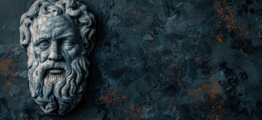 Weathered stone face sculpture on dark background