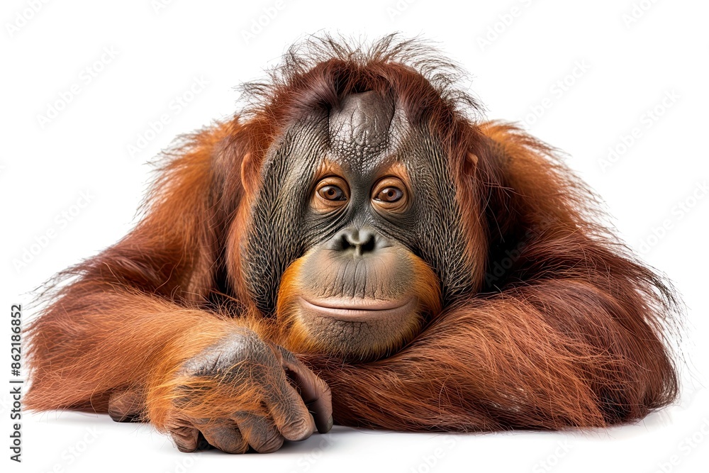 Wall mural Adorable Young Orangutan on White Background