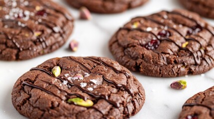 Fototapeta premium Delicious chocolate cookies with nuts and drizzled chocolate