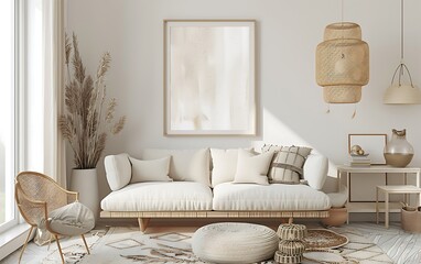 Bohemian Living Room with White Sofa and Wicker Accents