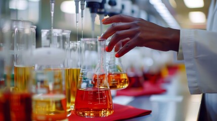 Precision in Experimentation: Close-Up of Hands Holding Beakers with Colored Liquids in a Professional Laboratory Setting