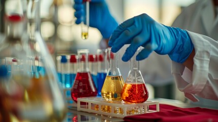 Precision in Experimentation: Close-Up of Hands Holding Beakers with Colored Liquids in a Professional Laboratory Setting