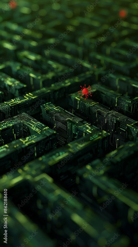 Poster a digital maze teeming with glowing green code, a single red virus particle navigating through the l