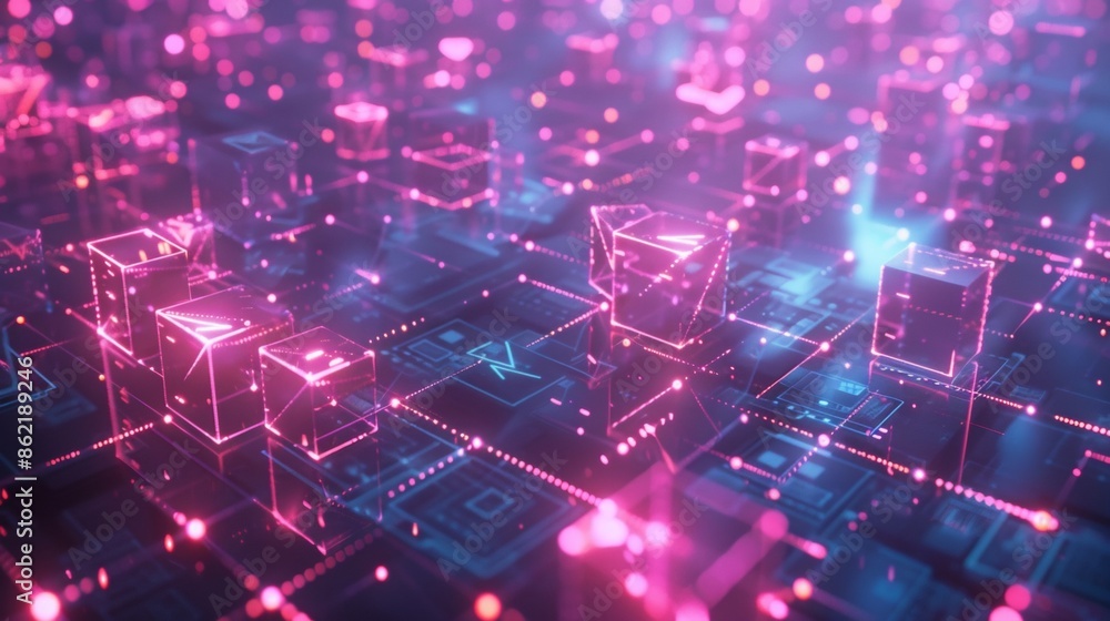 Poster a dynamic wireframe visualization of network traffic, data packets represented by small, glowing cub
